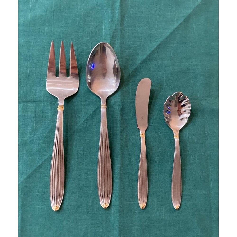 Reed & Barton Stainless w/Gold Accent Flatware Golden Jubilee Serving Set 4 pc